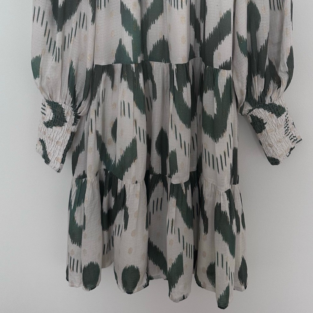 Oliphant Smocked Neck Mini Dress in Chitka Forest Green Cream Balloon Sleeve - Picture 6 of 12